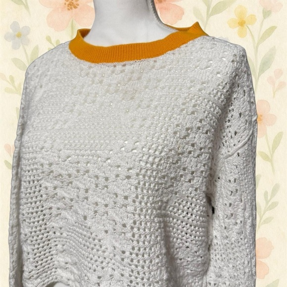 Free People Home Run Sweater XS – White Textured Knit with Mustard Trim - Picture 3 of 8